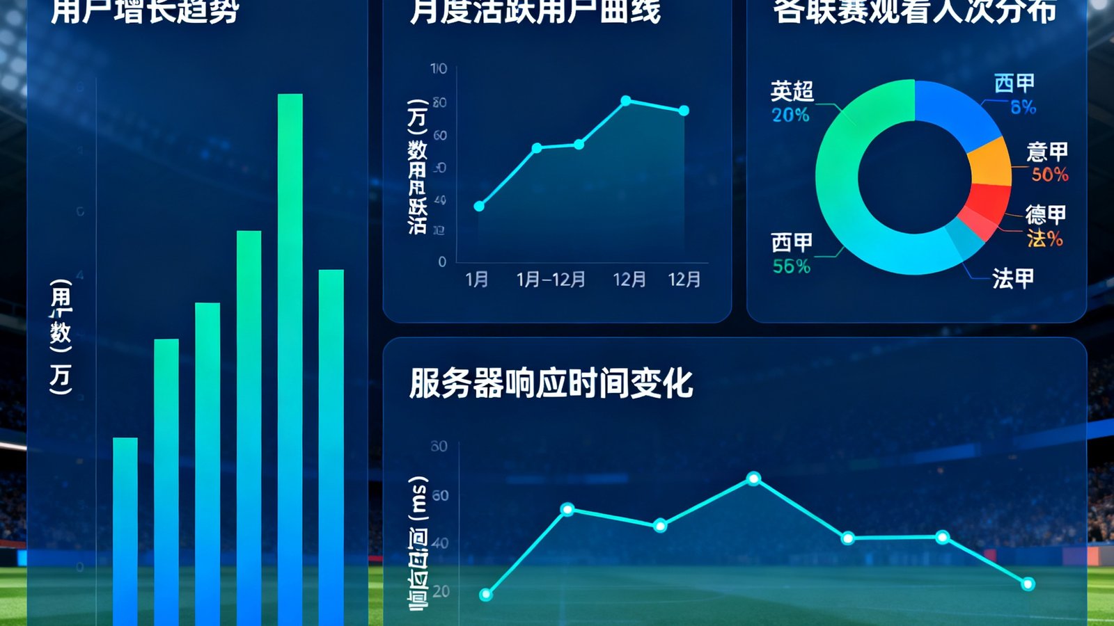 看球吧2024年度数据仪表盘，以柱状图和环形图展示用户增长趋势、各联赛观看人次分布、月度活跃用户曲线及服务器响应时间变化